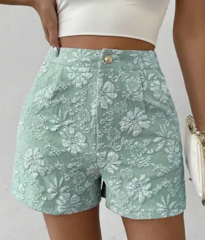 Summer Women Fashion Textured Jacquard Elegant High-Waist Straight-Leg Shorts