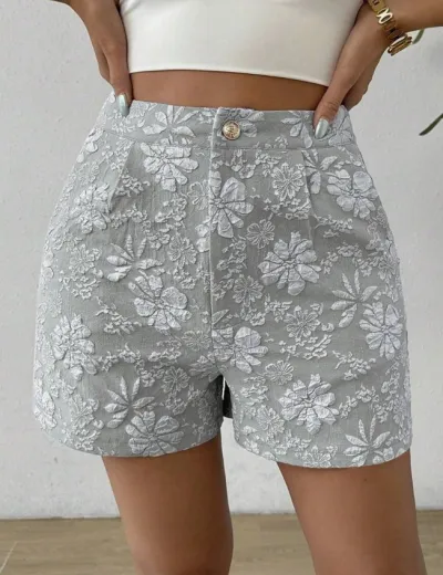 Summer Women Fashion Textured Jacquard Elegant High-Waist Straight-Leg Shorts