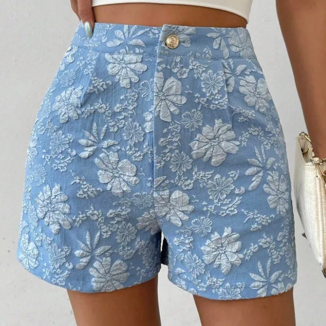 Summer Women Fashion Textured Jacquard Elegant High-Waist Straight-Leg Shorts