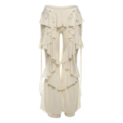 Street Women Fashion Solid Color Ruffled Mesh Pants
