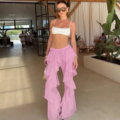 Street Women Fashion Solid Color Ruffled Mesh Pants
