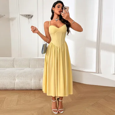 Summer Women Fashion Solid Color Sling A- Line Midi Dress
