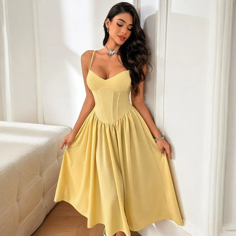 Summer Women Fashion Solid Color Sling A- Line Midi Dress
