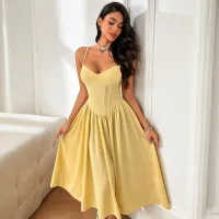 Women Fashion Elegant Solid Color Off Shoulder High Waist Belt Slim Fit Dress