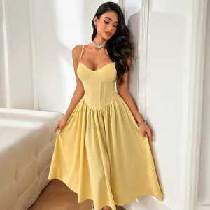 Summer Women Fashion Solid Color Sling A- Line Midi Dress