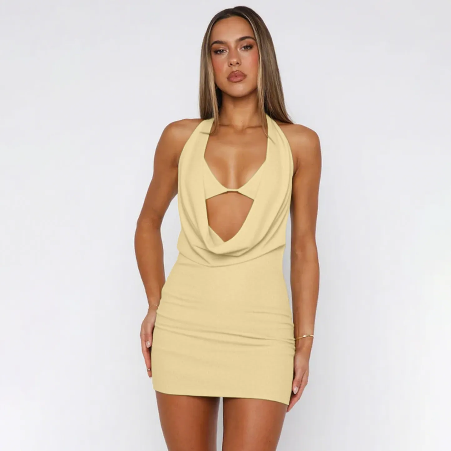 Women Summer Sexy Solid Color Sleeveless Halter Backless Mini Dress