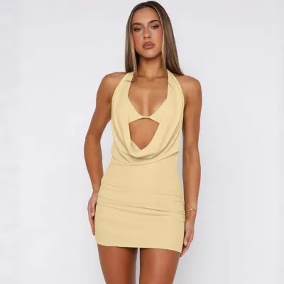 Women Summer Sexy Solid Color Sleeveless Halter Backless Mini Dress