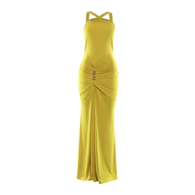 Women Fashion Solid Color Neck Pleated Bodycon Maxi Fishtail Dress