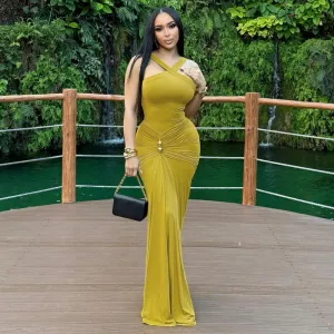Women Fashion Solid Color Neck Pleated Bodycon Maxi Fishtail Dress