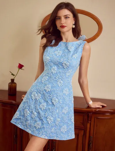 Women Summer Fashion Floral Jacquard Sleeveless A- Line Dress