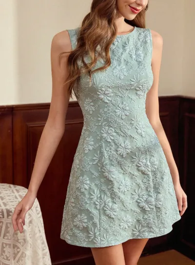Women Summer Fashion Floral Jacquard Sleeveless A- Line Dress