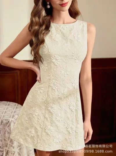 Women Summer Fashion Floral Jacquard Sleeveless A- Line Dress