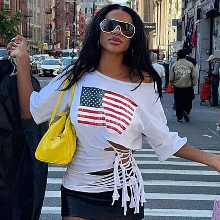 Women Fashion Casual Summer American Flag Printed Short-Sleeve Tassel T-Shirt Party Festivals