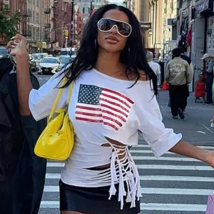Women Fashion Casual Summer American Flag Printed Short-Sleeve Tassel T-Shirt Party Festivals