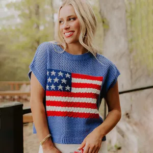 Women Fashion Casual Summer American Flag Round Neck Short Sleeve Knitwear