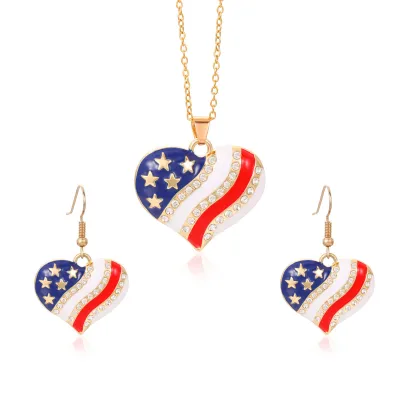 Women American Independence Day Flag Alloy Rhinestone Earrings Necklace Set