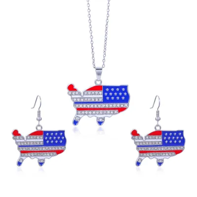 Women American Independence Day Flag Alloy Rhinestone Earrings Necklace Set