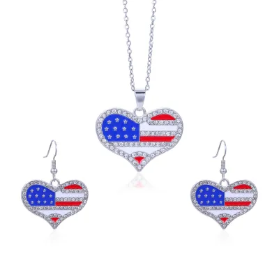 Women American Independence Day Flag Alloy Rhinestone Earrings Necklace Set