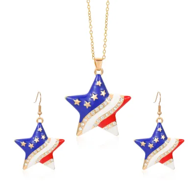 Women American Independence Day Flag Alloy Rhinestone Earrings Necklace Set