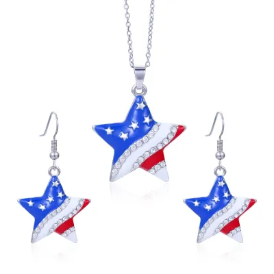 Women American Independence Day Flag Alloy Rhinestone Earrings Necklace Set