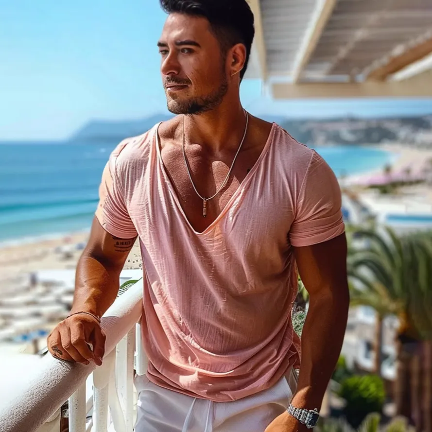 Men's Summer Solid Color V-Neck Short Sleeve Loose T-Shirt