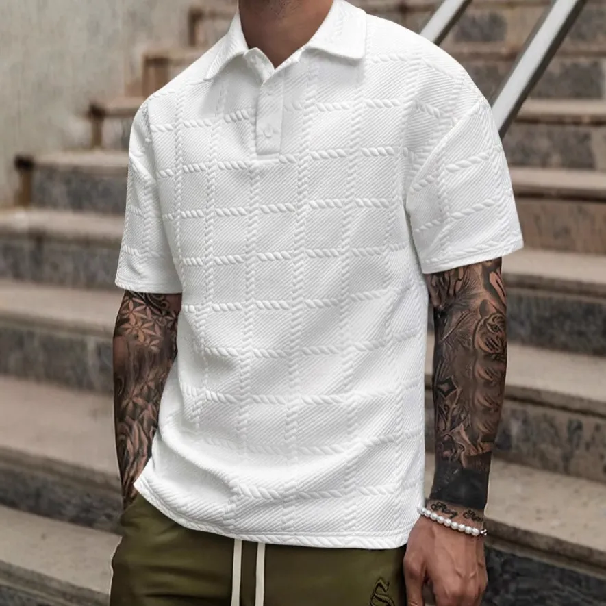 Men's Fashion Casual Summer Jacquard Texture Lapel Short Sleeve Polo Shirt