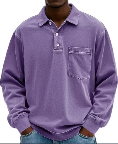 Men'S Fashion Casual Solid Color Lapel Long Sleeve Loose Polo Shirt