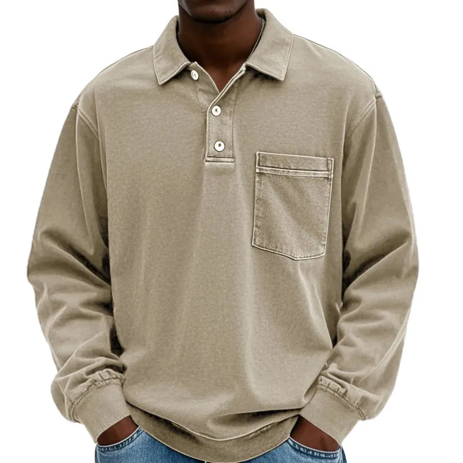 Men'S Fashion Casual Solid Color Lapel Long Sleeve Loose Polo Shirt