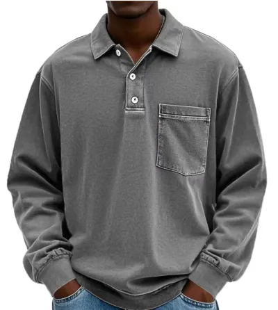 Men'S Fashion Casual Solid Color Lapel Long Sleeve Loose Polo Shirt