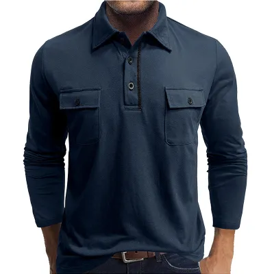 Men's Casual Long Sleeve Polo Shirt Pocket Button Down Solid Color Cotton Top