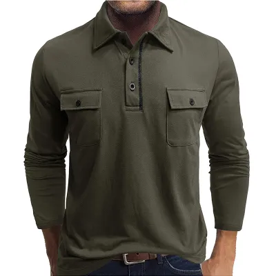 Men's Casual Long Sleeve Polo Shirt Pocket Button Down Solid Color Cotton Top
