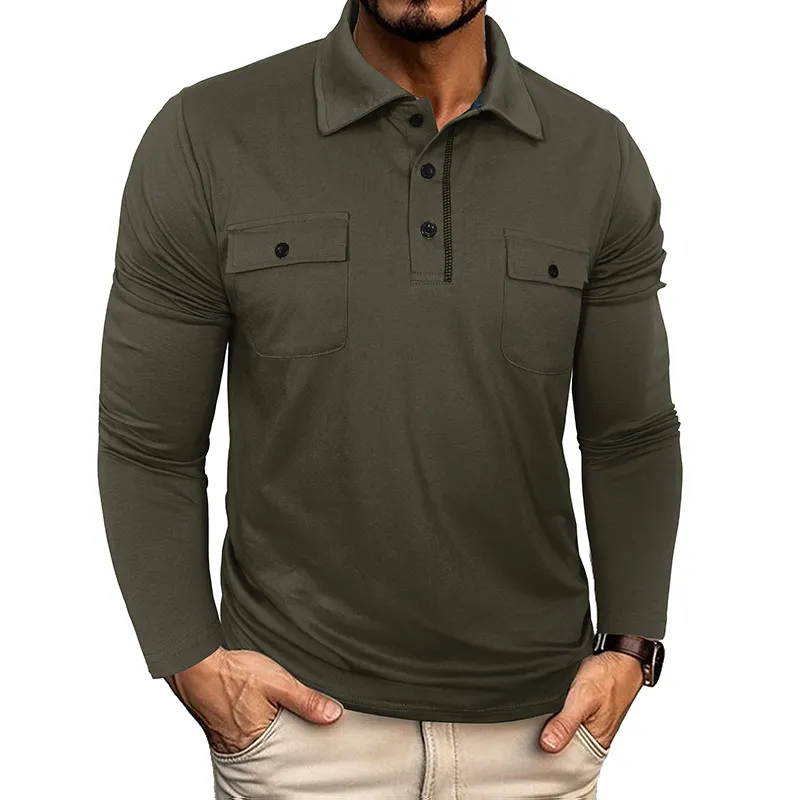 Men's Casual Long Sleeve Polo Shirt Pocket Button Down Solid Color Cotton Top