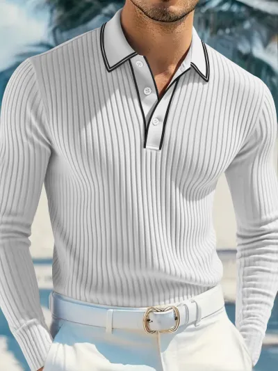 Men's Fashion Casual Spring Solid Color Rib Lapel Long Sleeve Polo Shirt