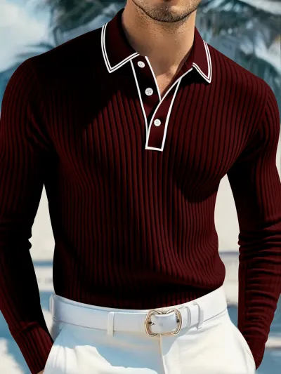 Men's Fashion Casual Spring Solid Color Rib Lapel Long Sleeve Polo Shirt