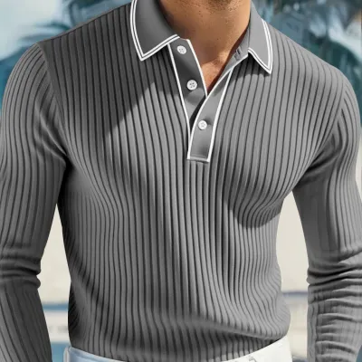 Men's Fashion Casual Spring Solid Color Rib Lapel Long Sleeve Polo Shirt