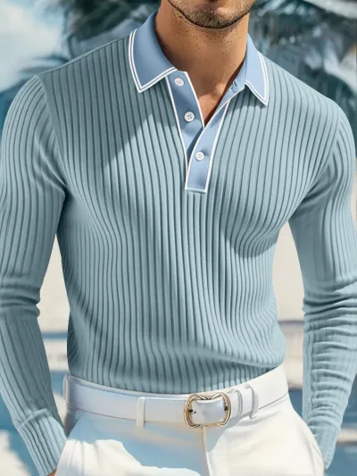 Men's Fashion Casual Spring Solid Color Rib Lapel Long Sleeve Polo Shirt