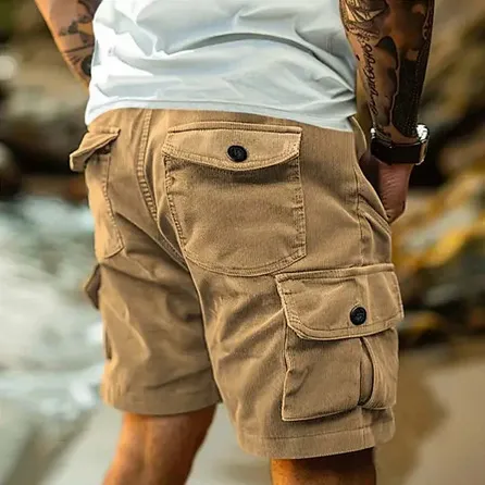 Men's Fashion Casual Summer Corduroy Multi-Pocket Elastic Waist Shorts