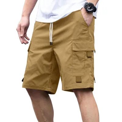Men's Casual Summer Solid Color Multi-Pocket Drawstring Loose Fit Shorts