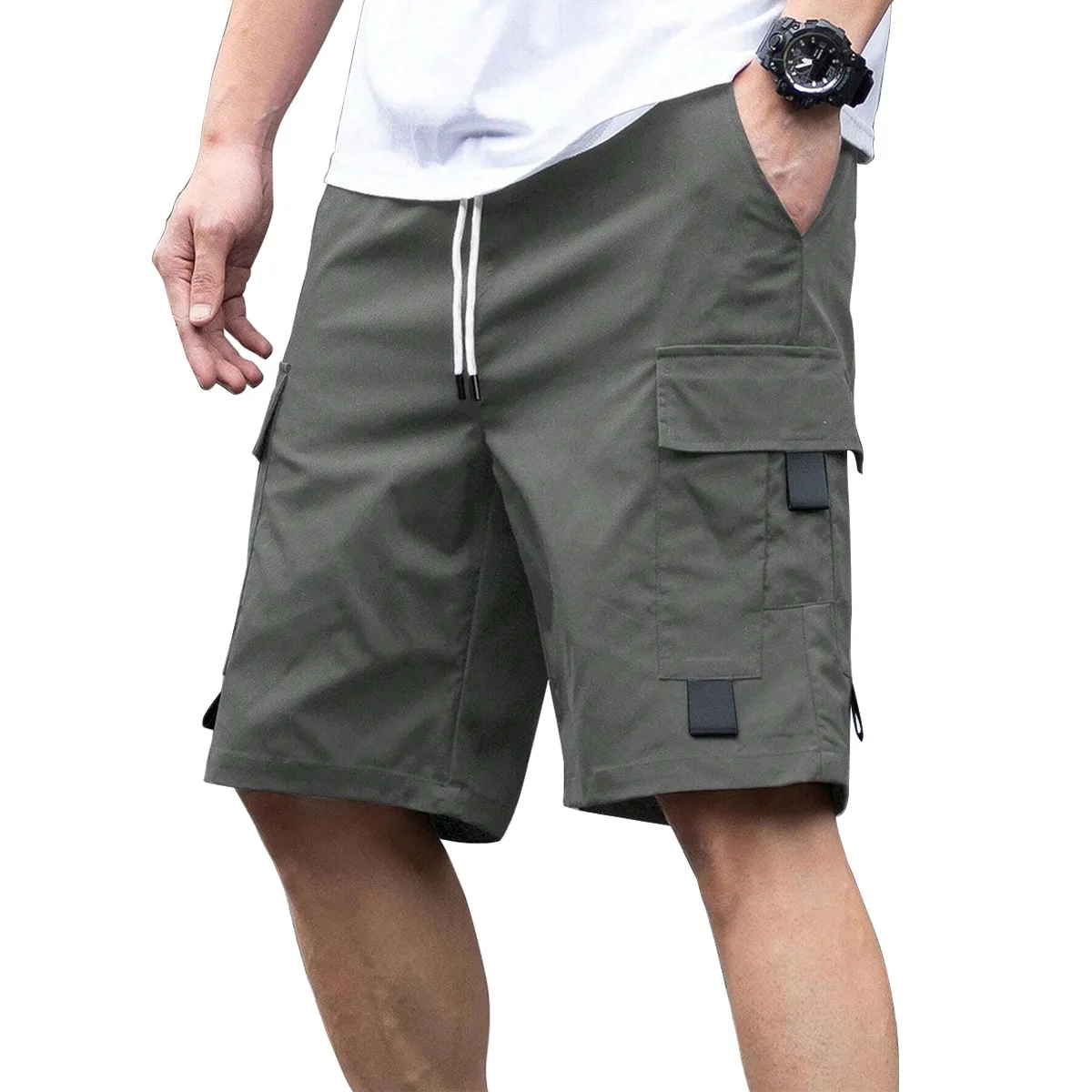 Men's Casual Summer Solid Color Multi-Pocket Drawstring Loose Fit Shorts
