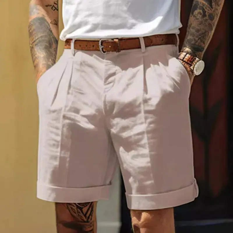 Men's Fashion Casual Summer Solid Color Linen Pleated Breathable Pocket Shorts