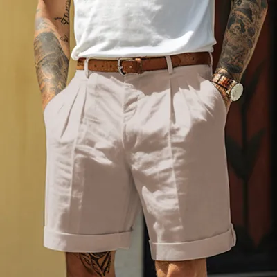 Men's Fashion Casual Summer Solid Color Linen Pleated Breathable Pocket Shorts