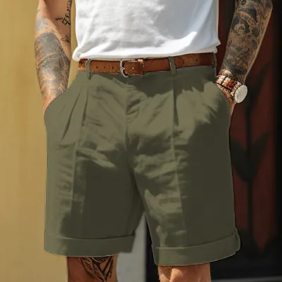 Men's Fashion Casual Summer Solid Color Linen Pleated Breathable Pocket Shorts