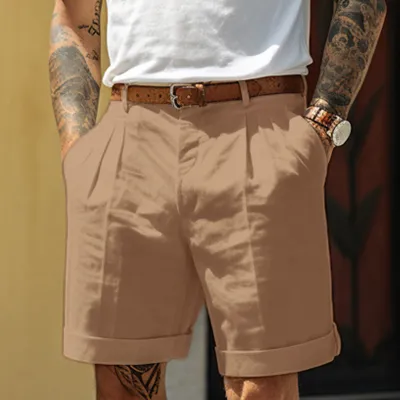 Men's Fashion Casual Summer Solid Color Linen Pleated Breathable Pocket Shorts