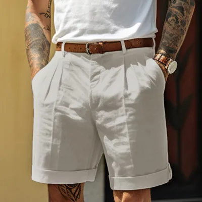 Men's Fashion Casual Summer Solid Color Linen Pleated Breathable Pocket Shorts