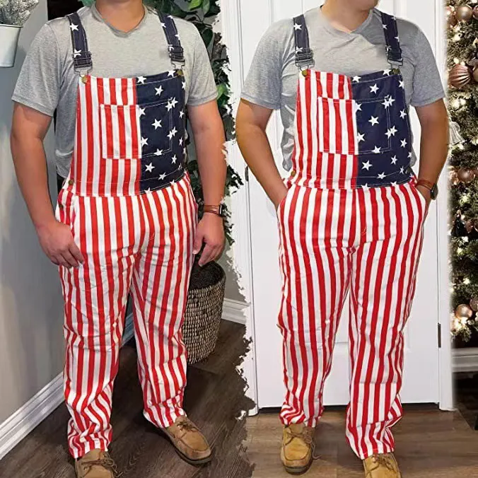 Men Fashion Casual Independence Day Flag Printed Denim Overalls