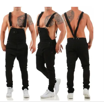 Men's Fashion Casual Ripped Denim Overalls Straight Leg Mid Waist