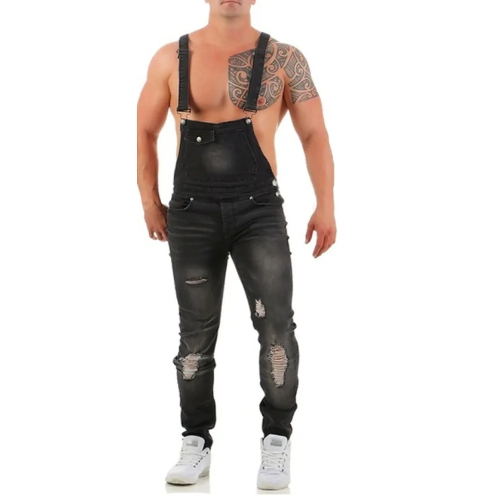 Men's Fashion Casual Ripped Denim Overalls Straight Leg Mid Waist