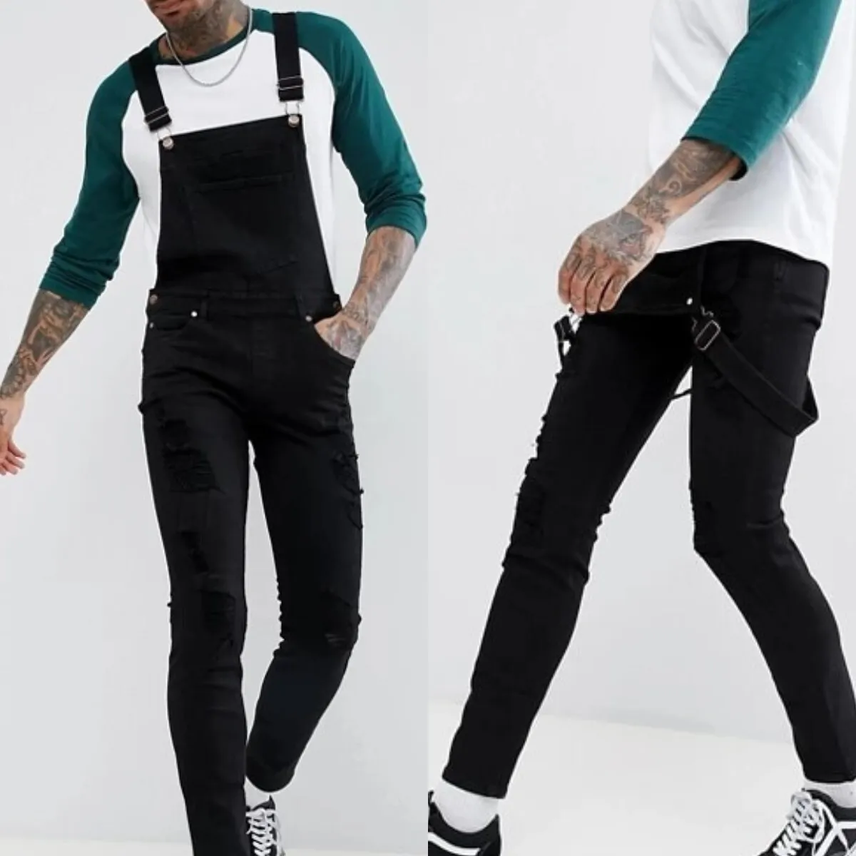 Men's Fashion Casual Solid Color Ripped Denim Overalls Wide Leg