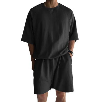 Men Fashion Casual Summer Solid Color Round Neck Short Sleeve T-Shirt Loose Shorts Two-Piece Set