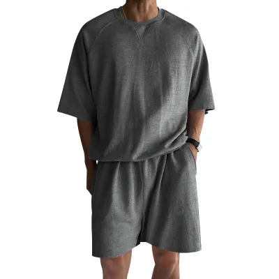 Men Fashion Casual Summer Solid Color Round Neck Short Sleeve T-Shirt Loose Shorts Two-Piece Set